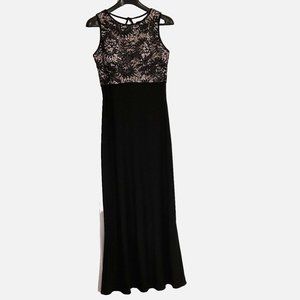 R&M Collection Long Formal Black Dress 10 Lace & Sequin Upper Over Beige Lining